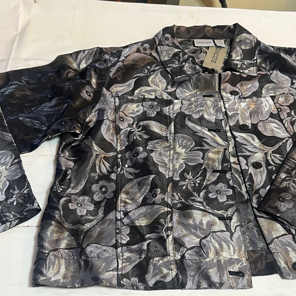 Chico's Floral Metallic Blazer - Black and Silver NWT